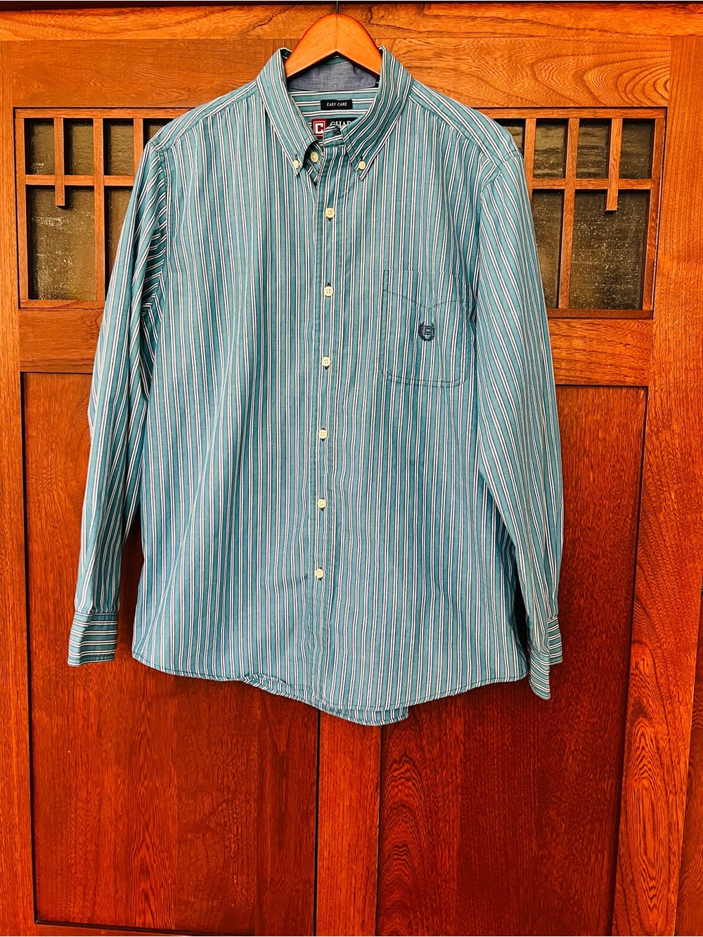 Chaps Teal and White Striped Button-Down Shirt Easy Care